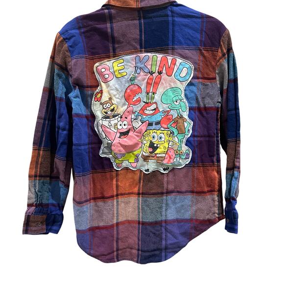Sponge Bob Square Pants Plaid Flannel Button Down Shirt Kids XL Unique Be Kind - Picture 1 of 5